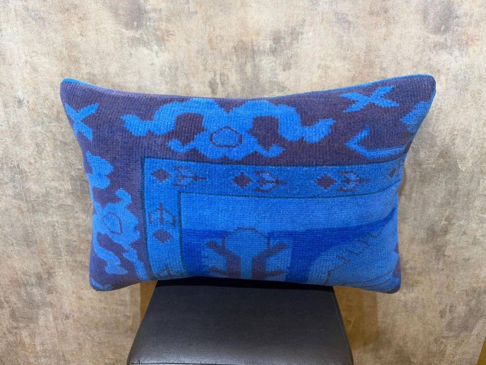 Vintage Turkish Wool Lumbar Pillow, Handmade Blue Geometric Rug Cushion
