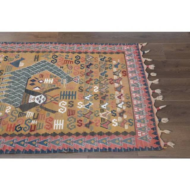 Shahmaran Motif Vintage Turkish Handmade Orange Kilim Rug  94x146