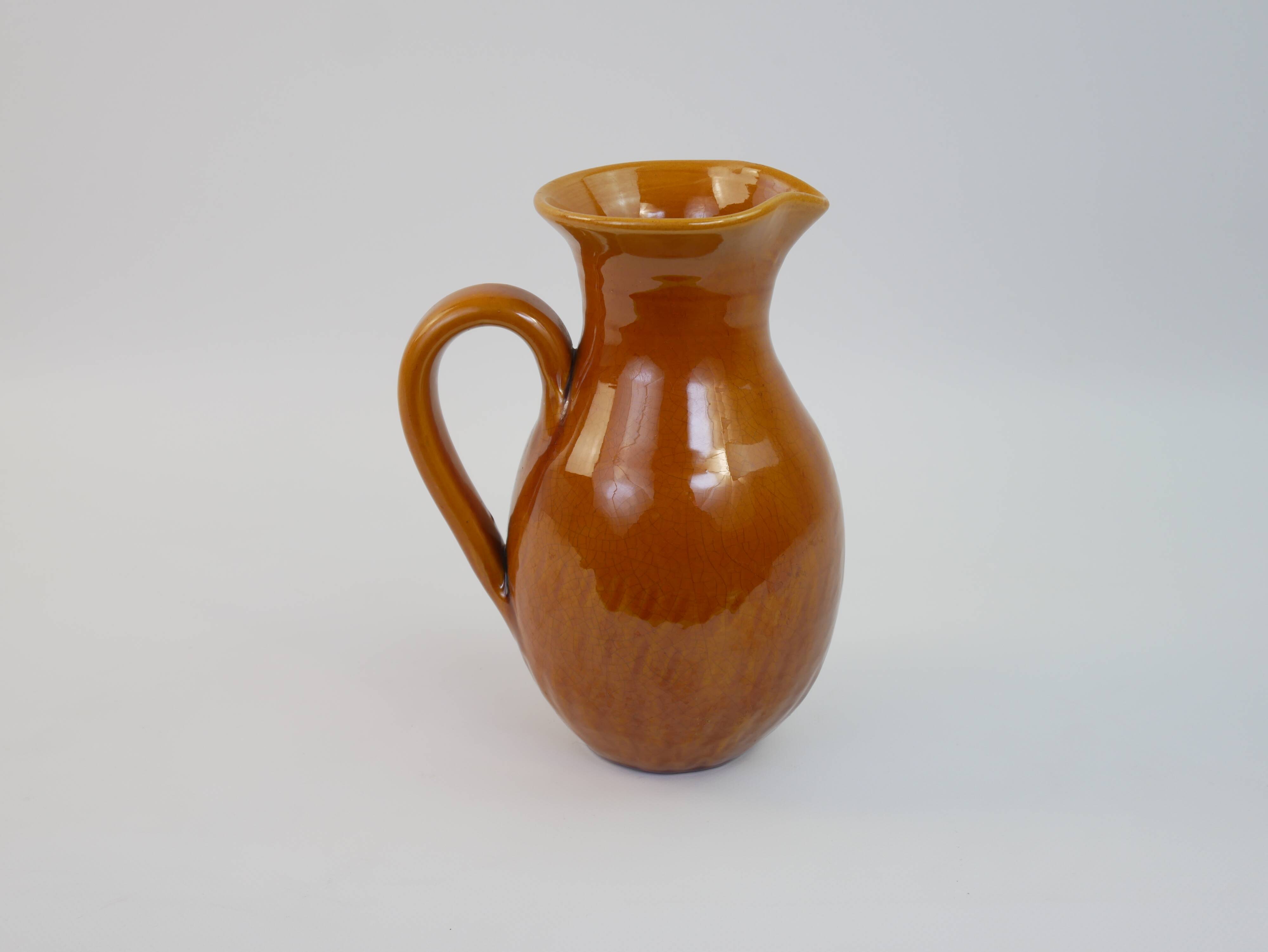 Yellow ochre ceramic pitcher signed Félix Céram Vallauris circa 1960