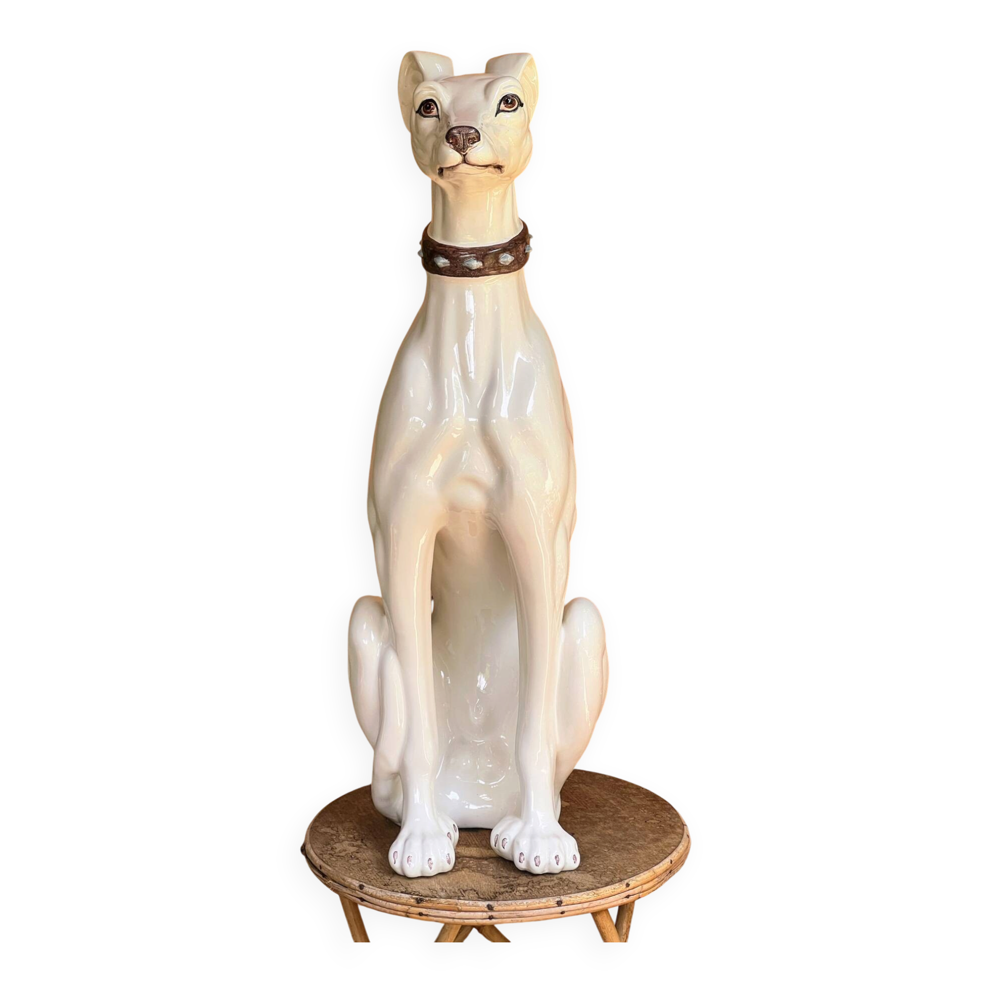 Large white glazed ceramic greyhound – signed – 92 cm