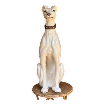 Large white glazed ceramic greyhound – signed – 92 cm