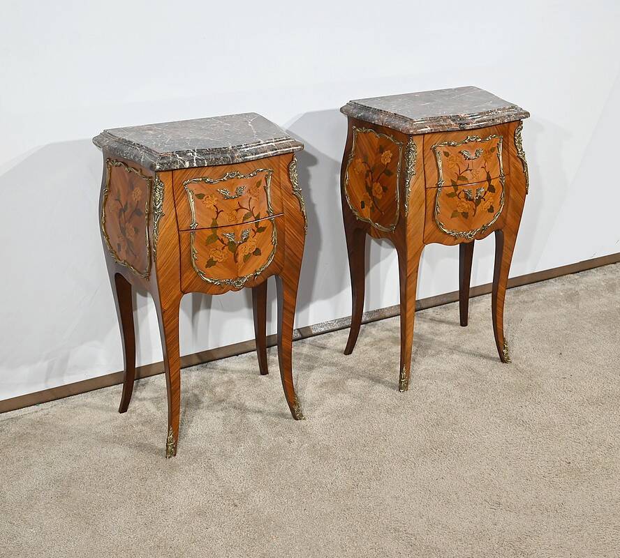 Pair of Bedside Tables in Rosewood and Marquetry, Louis XV style – Mid 20th century