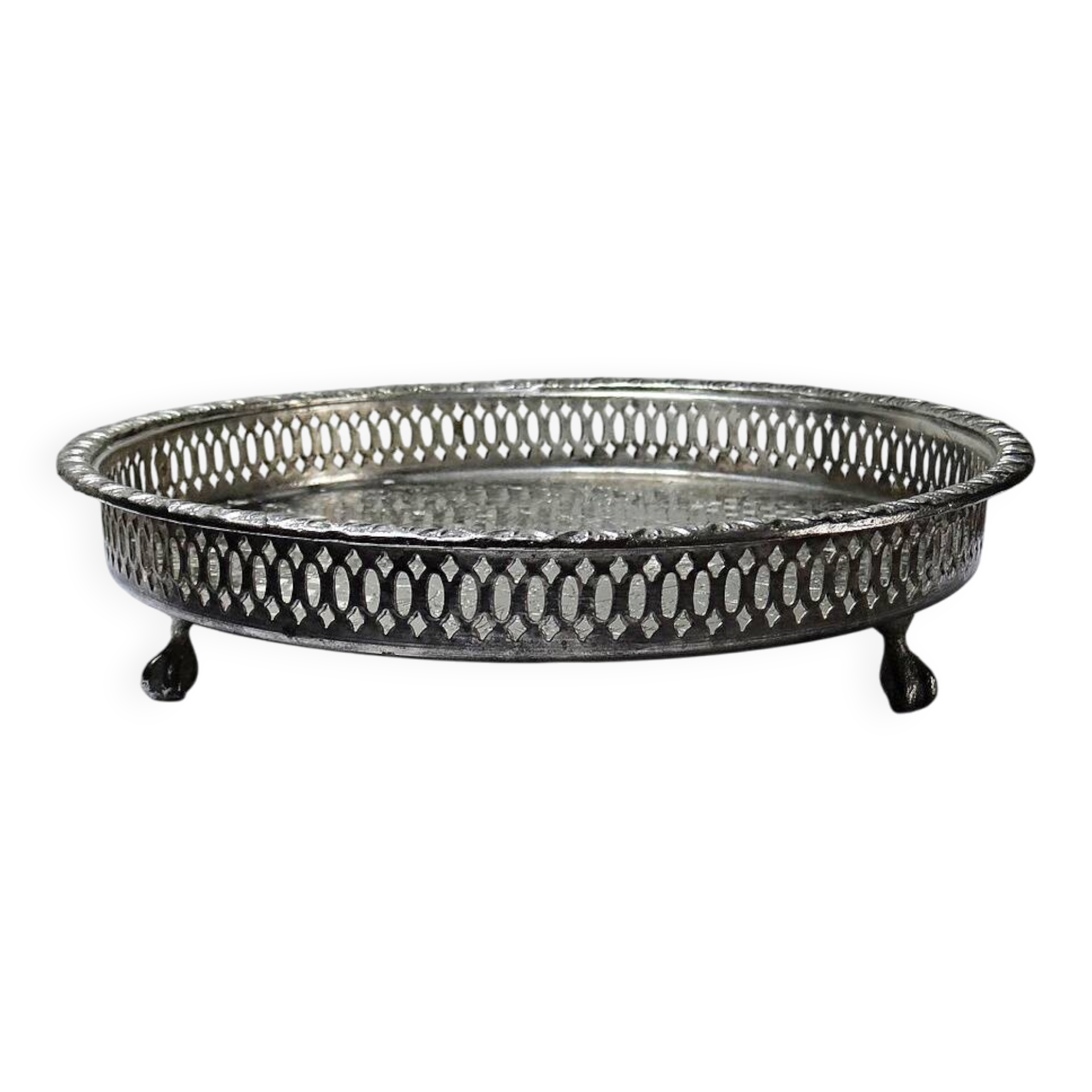 Small Moroccan tripod tea tray in silver-plated metal, vintage chiseled decoration.