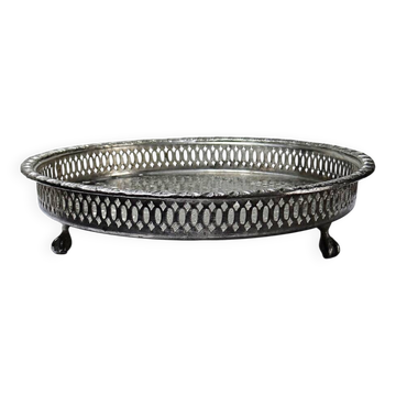 Small Moroccan tripod tea tray in silver-plated metal, vintage chiseled decoration.