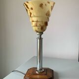 Ancienne lampe art déco en bois, verre et chrome