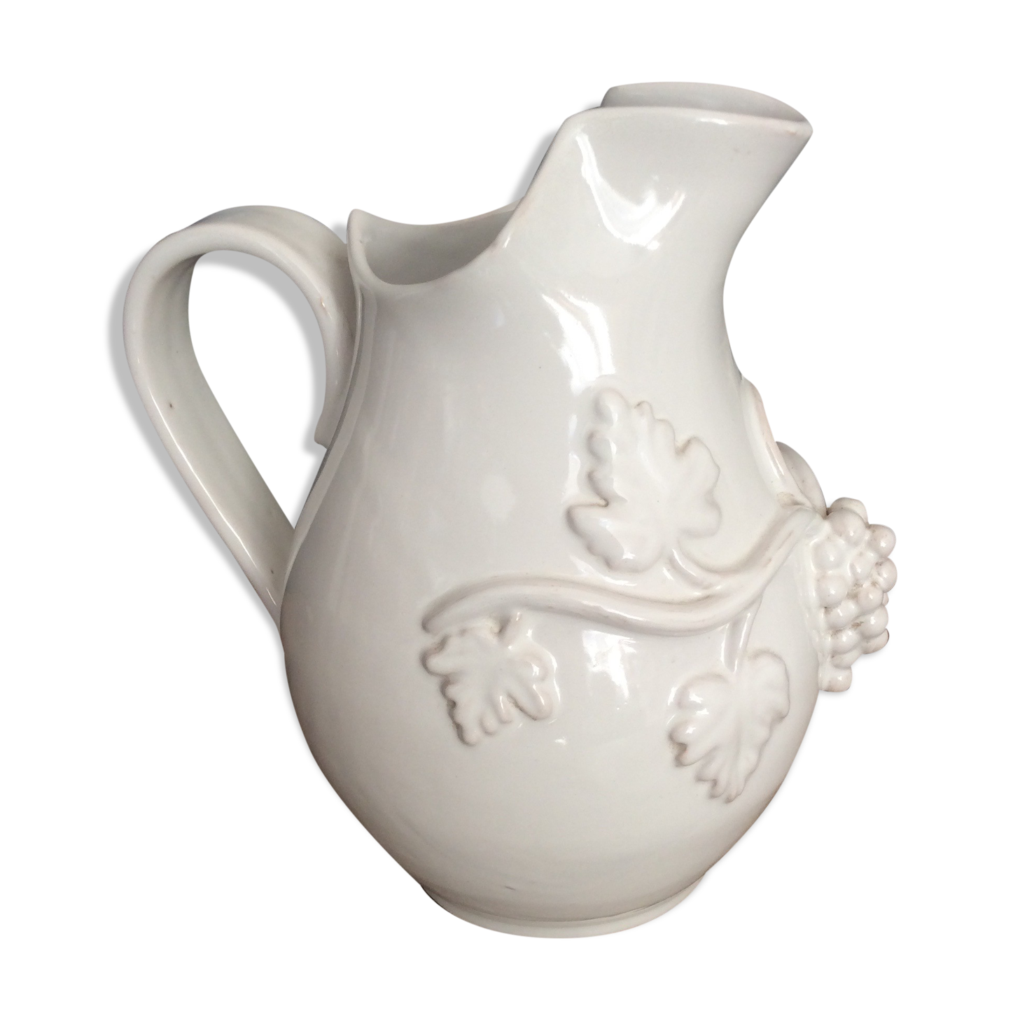 White enamelled ceramic pitcher signed emile tessier malicorne grape bunch