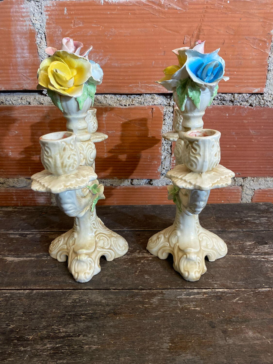 Pair of Double Candelabra Candle Holders CAPODIMONTE Polychrome Ceramic