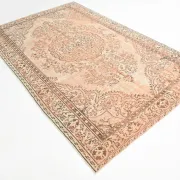 Vintage Persian Peach & Brown Rug, Oriental Pattern Rustic Carpet, 187x292