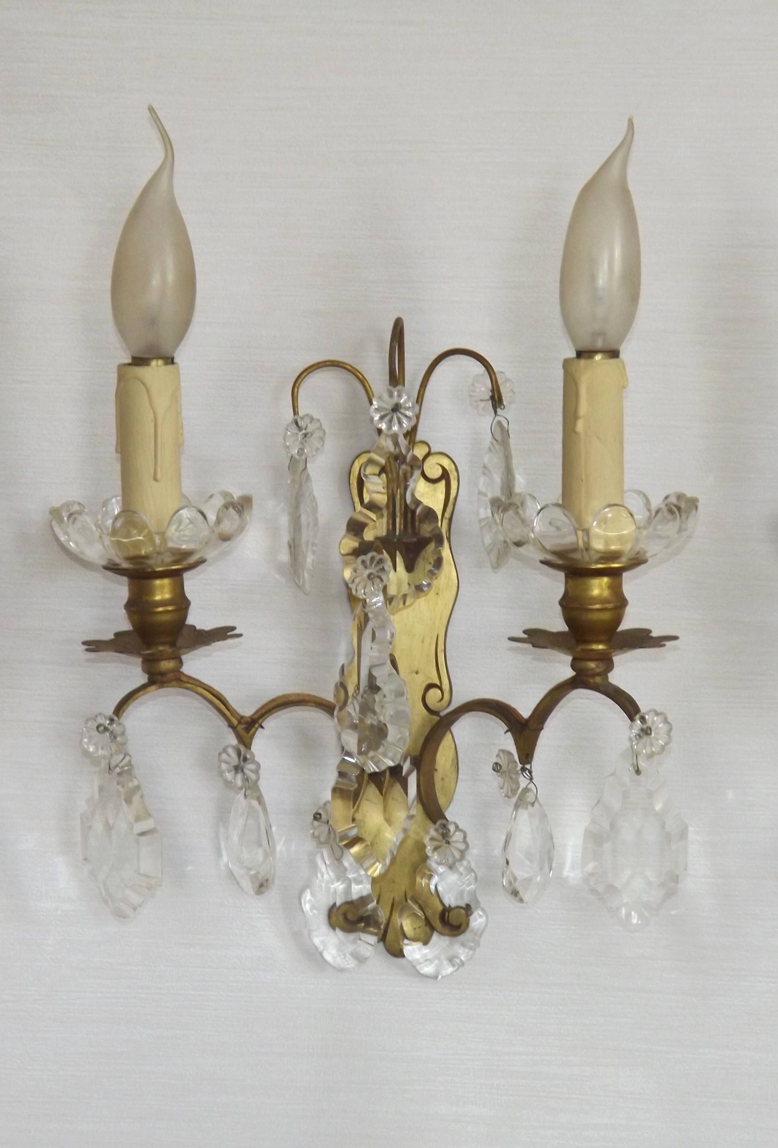 Pair of French Double Brass & Glass Wall Lights Adorned With Crystals