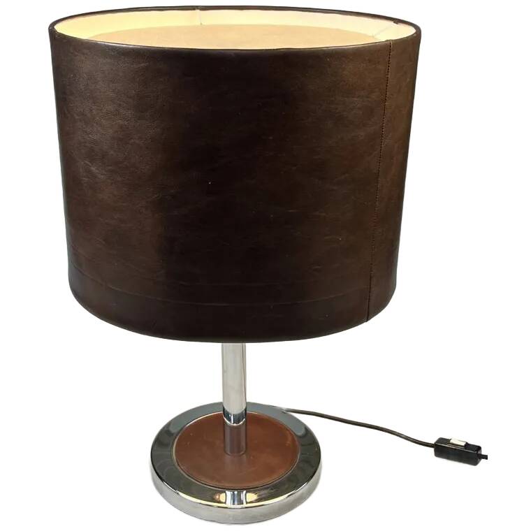 Vintage Table Lamp, Chromed Base and Leather Shade. 1970's