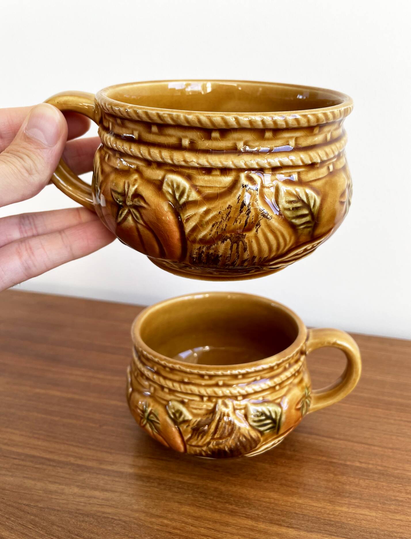Pair of Japanese Majolica Soup Bowls Featuring Tomatoes and Onions