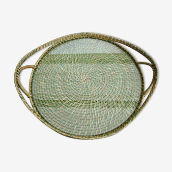 Braided wicker tray and glass