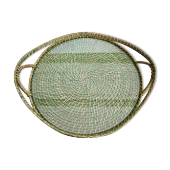 Braided wicker tray and glass