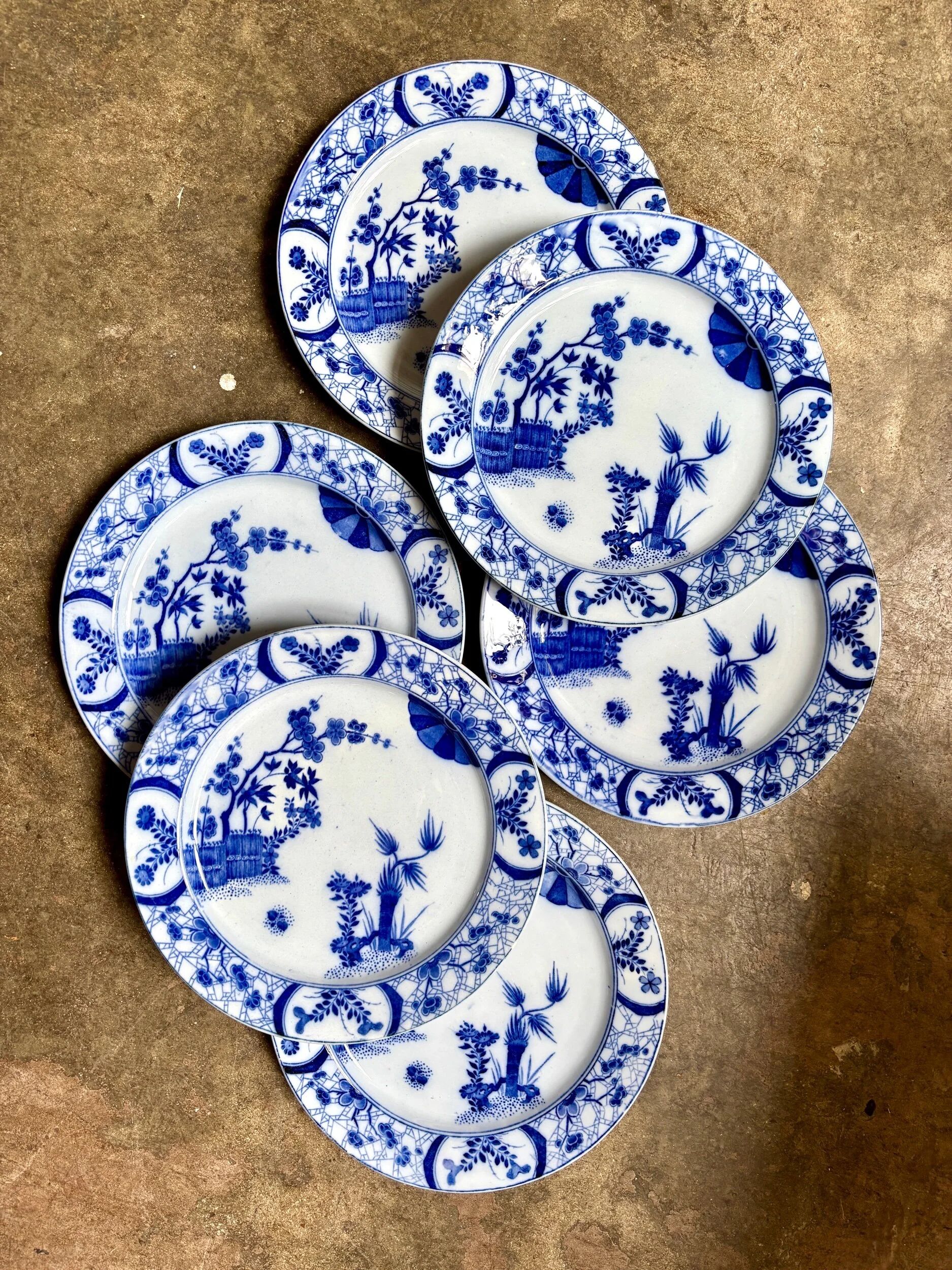 6 dessert plates Creil & Montereau in blue ironstone, "Japan" service
