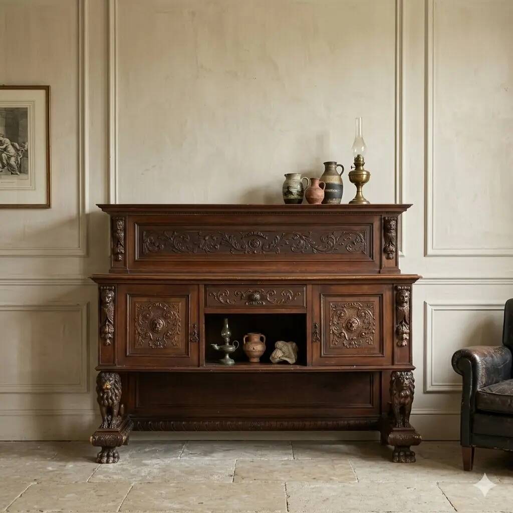 Antique neo-Renaissance walnut buffet, Italy, early 20th century.