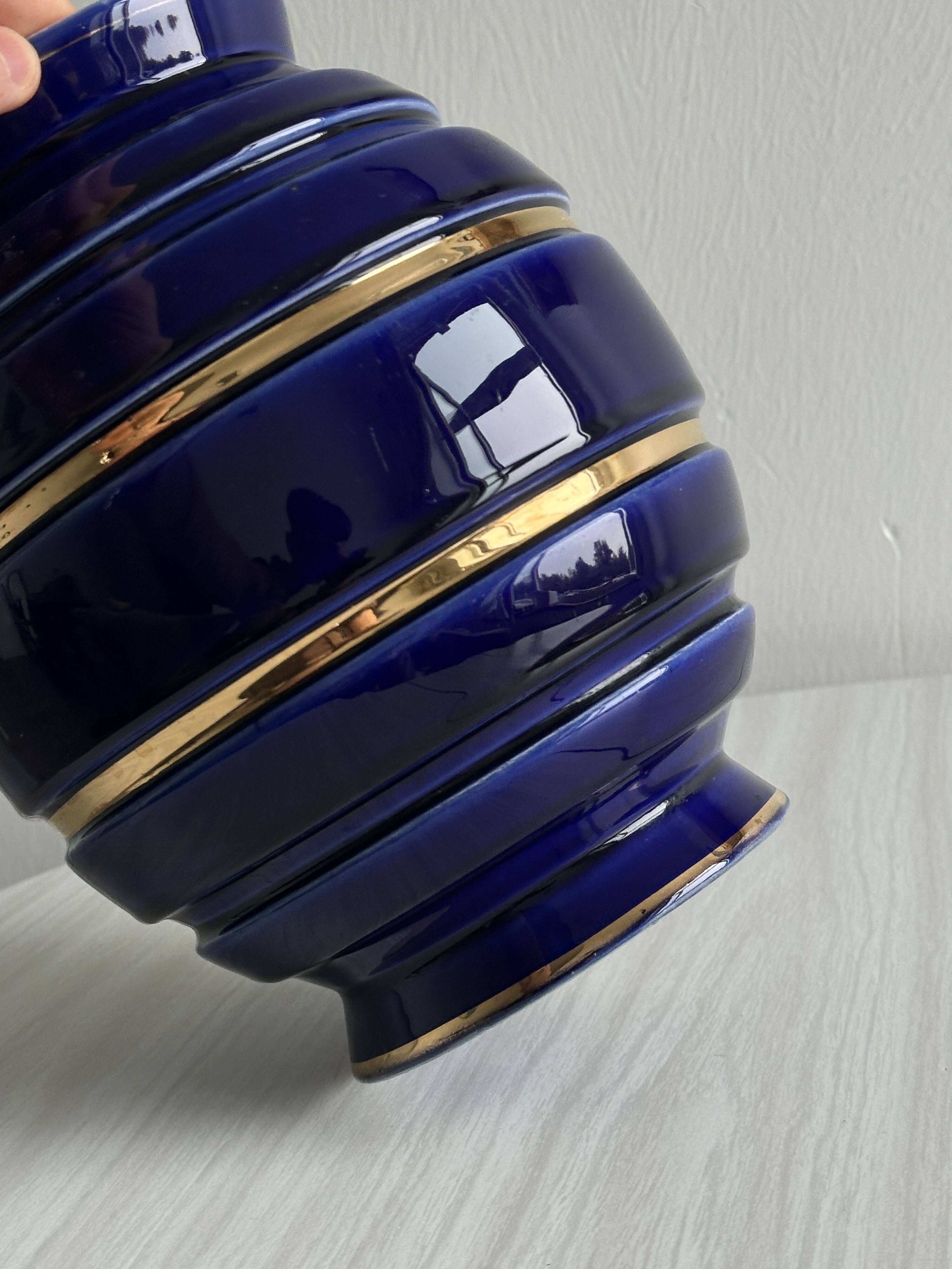 Vintage vase in shiny cobalt blue ceramic, gold edging
