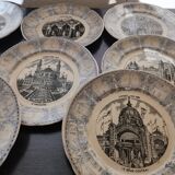 Lot 10 talking plates opaque Sarreguemines late 19th, Universal Exhibition 1889