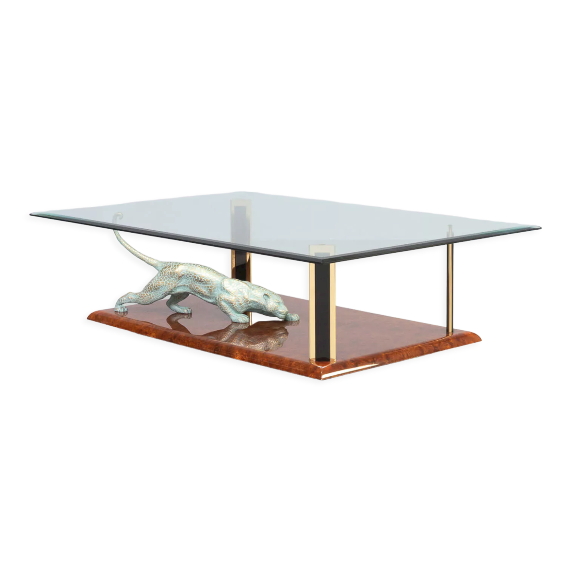 70s Nicola Voci brass sculptural glass panther coffee table
