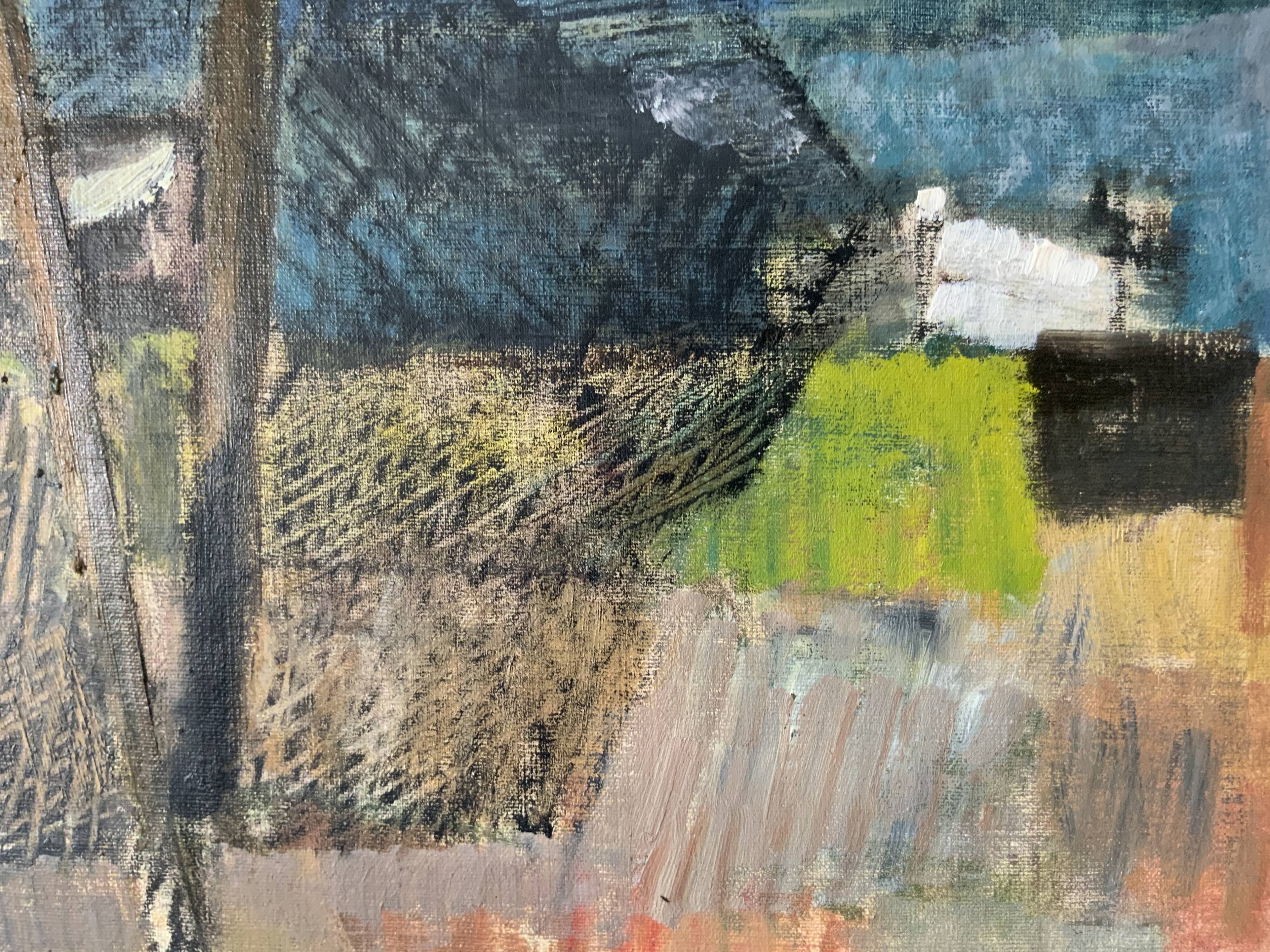 Vintage Oil Painting Fishing Village Scene 1950s