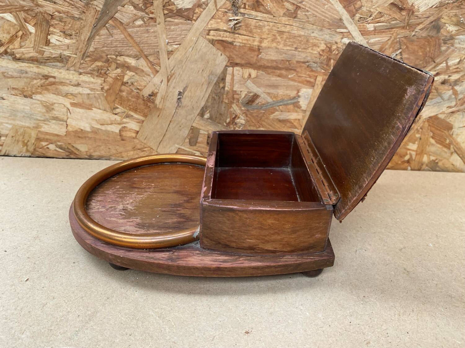 Antique cigarette tobacco dispenser wood & copper 1960s vintage