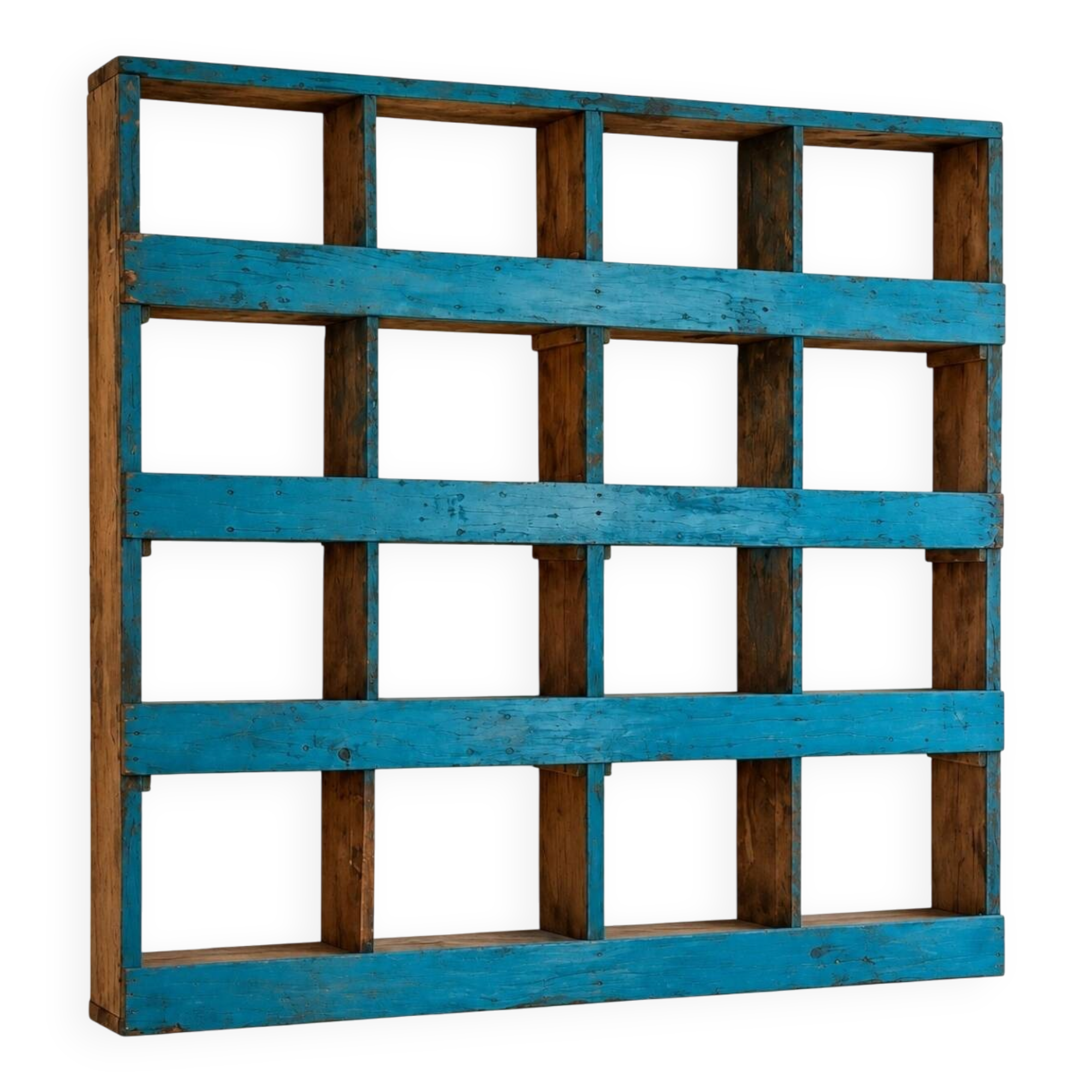 Antique wall cabinet in patinated turquoise blue wood, workshop style.