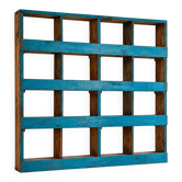 Antique wall cabinet in patinated turquoise blue wood, workshop style.