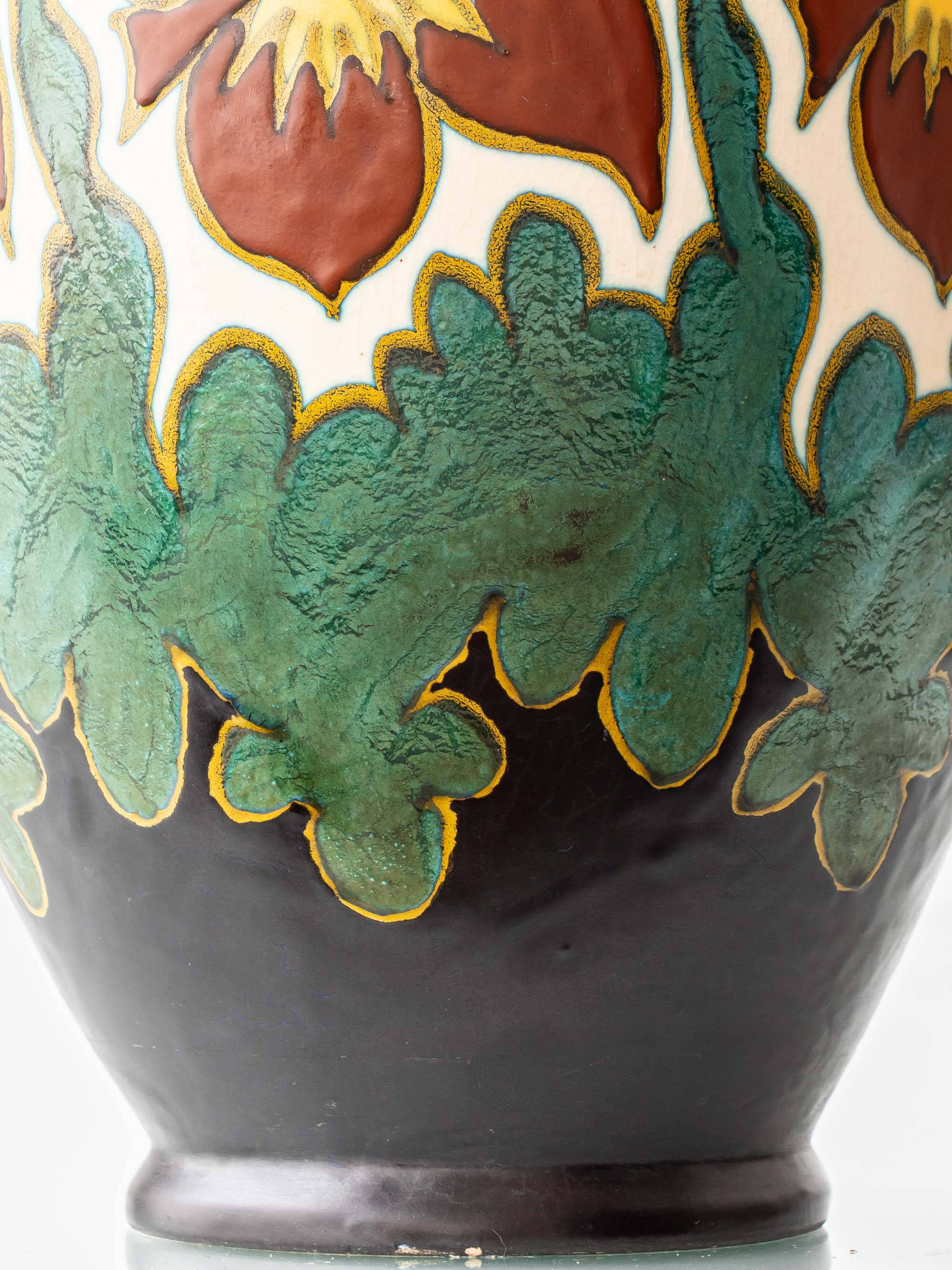 Gouda Pottery Table Lamps, Pair, Dutch Art Deco Floral, New Silk Shades