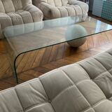 Vintage coffee table Italian design curved glass and travertine