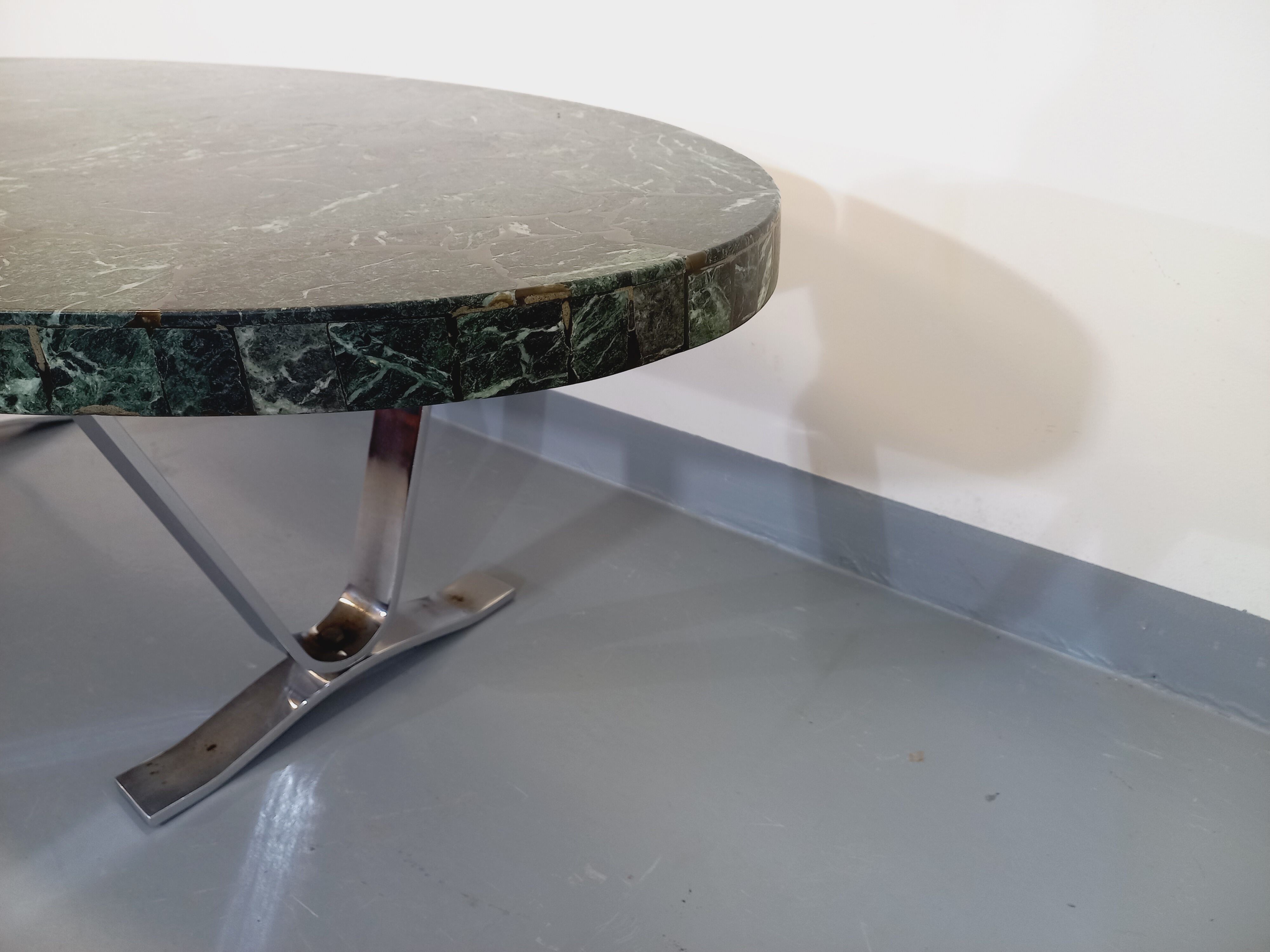 Vintage oval coffee table in stone and chromed metal from the 70s