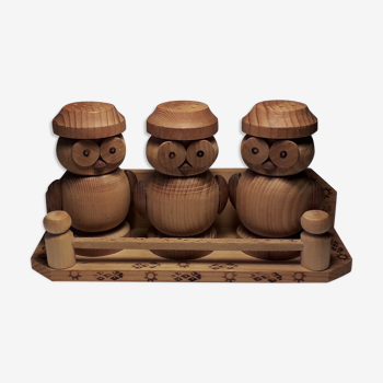 Set of 3 wooden spice pots, salters, owl shape