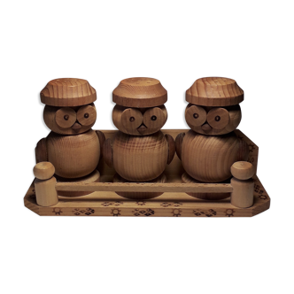 Set of 3 wooden spice pots, salters, owl shape