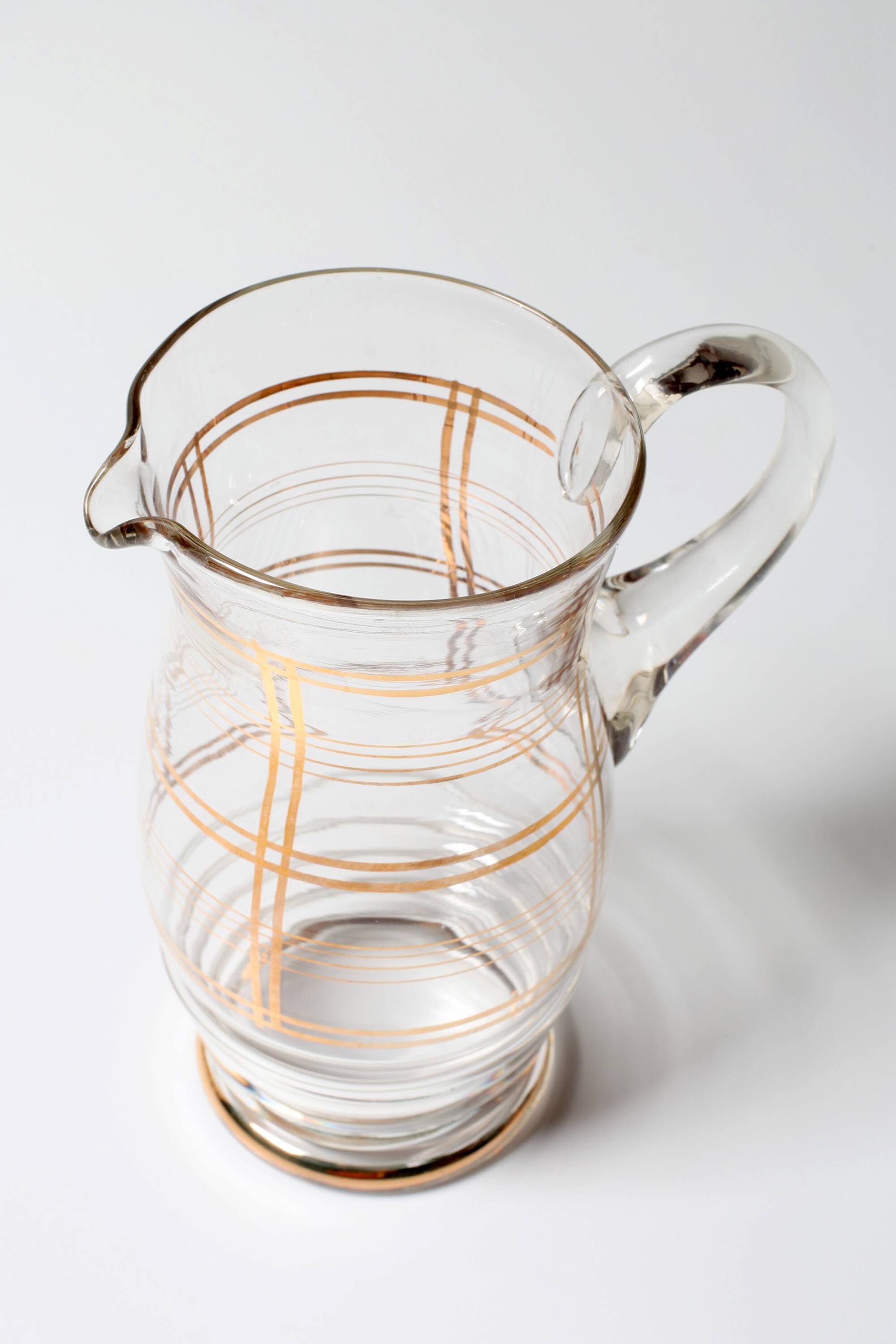 Mid-Century Italian Glass Pitcher & Six Glasses with Golden Details / Italy