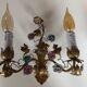 Two bronze wall light decorated with flowers in german porcelain