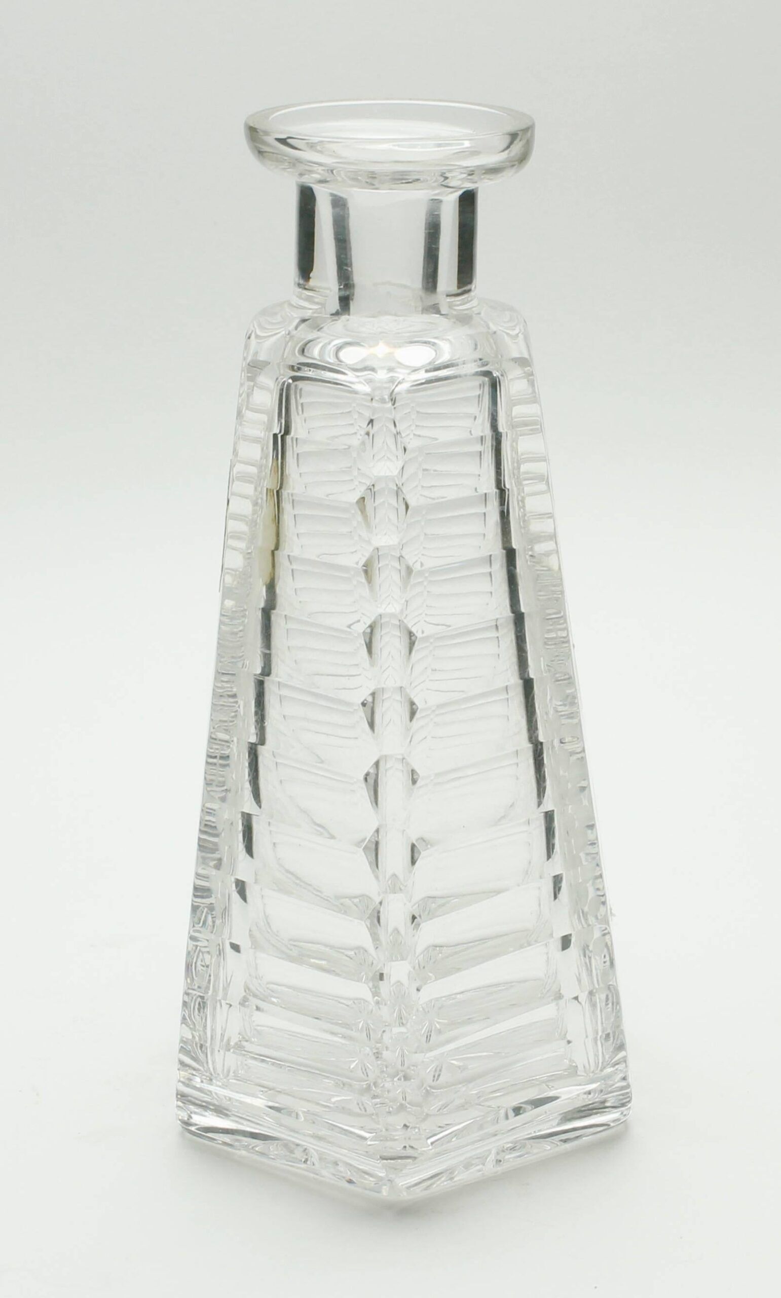 Matching pair of bohemian crystal decanters with art deco motifs