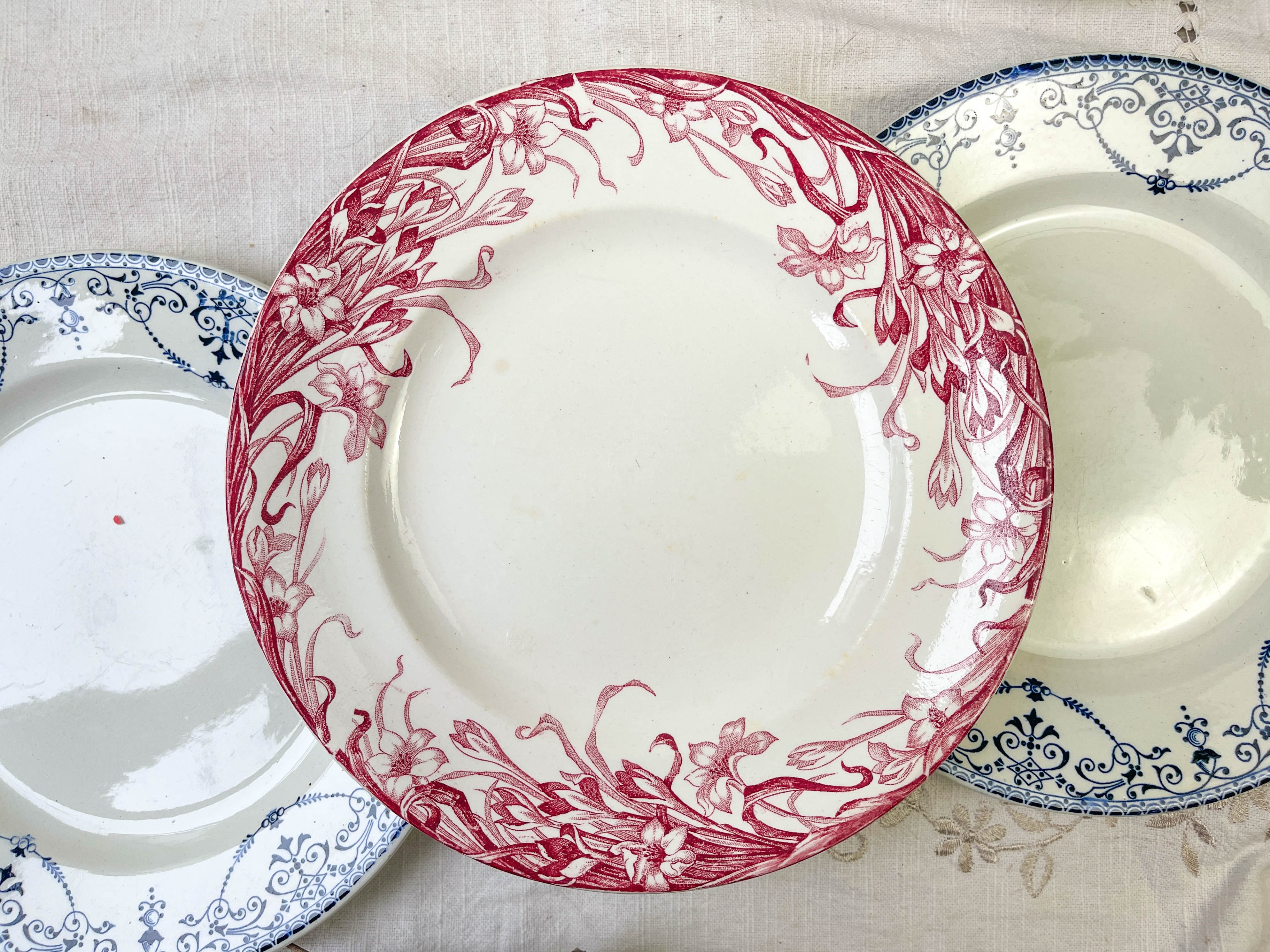 6 flat plates Terre de Fer blue red mismatched