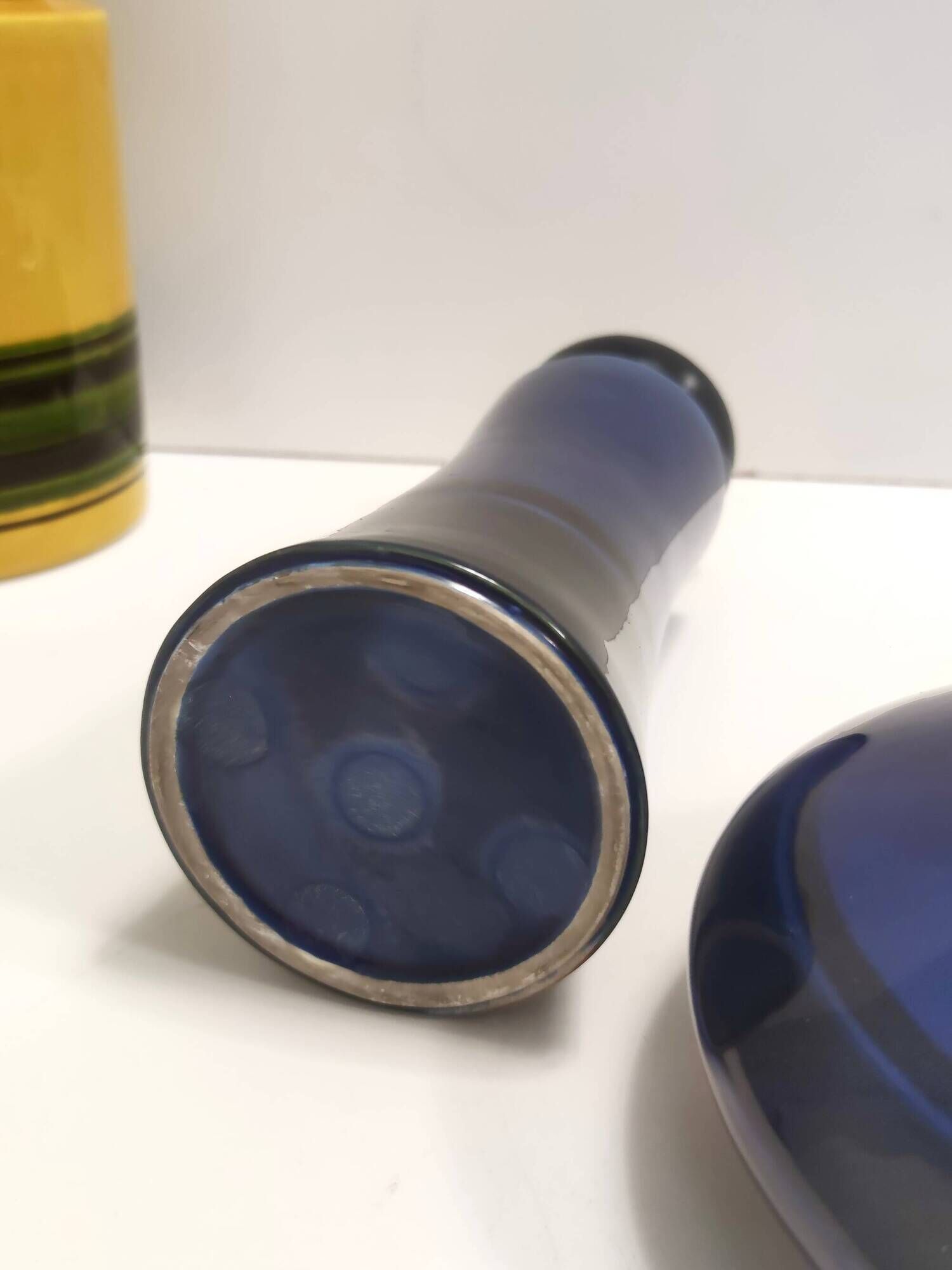 Set of Three Postmodern Blue and Yellow Glazed Vase and Bottles by Parravic