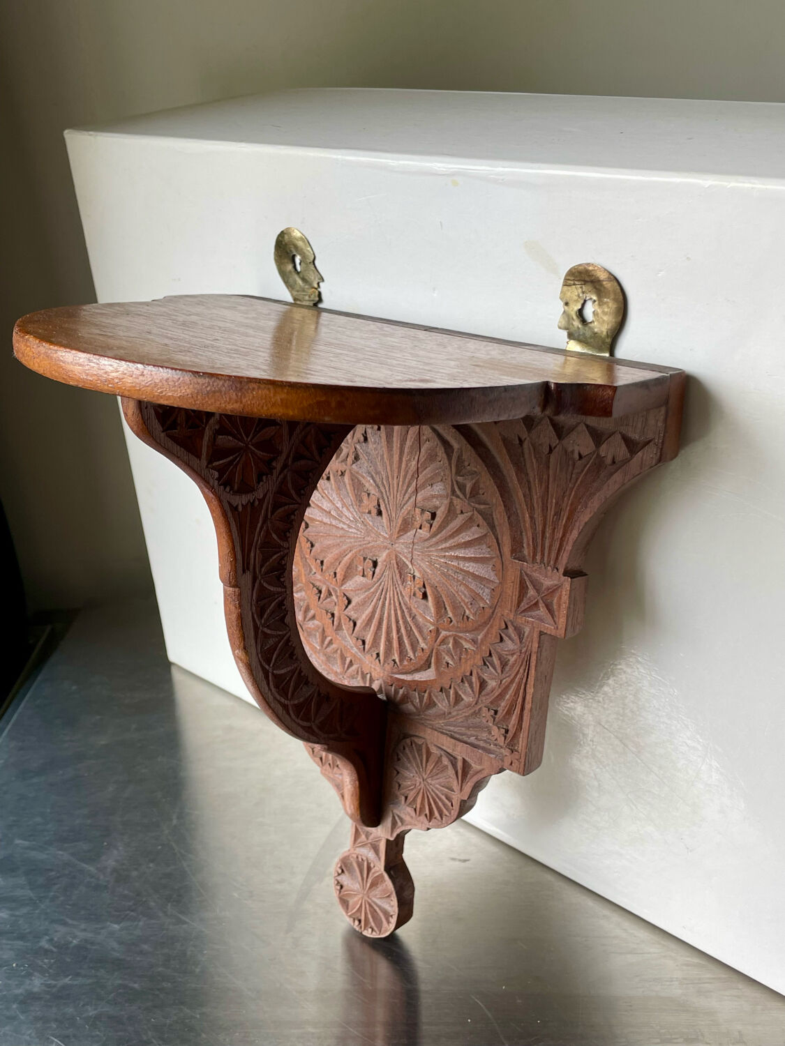Antique Wooden Wall Console Bracket with geometric carvings