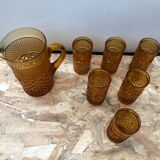 Service Ancien Jus Carafe + 6 Verres Verre Moulé Orange Géométrique Vintage