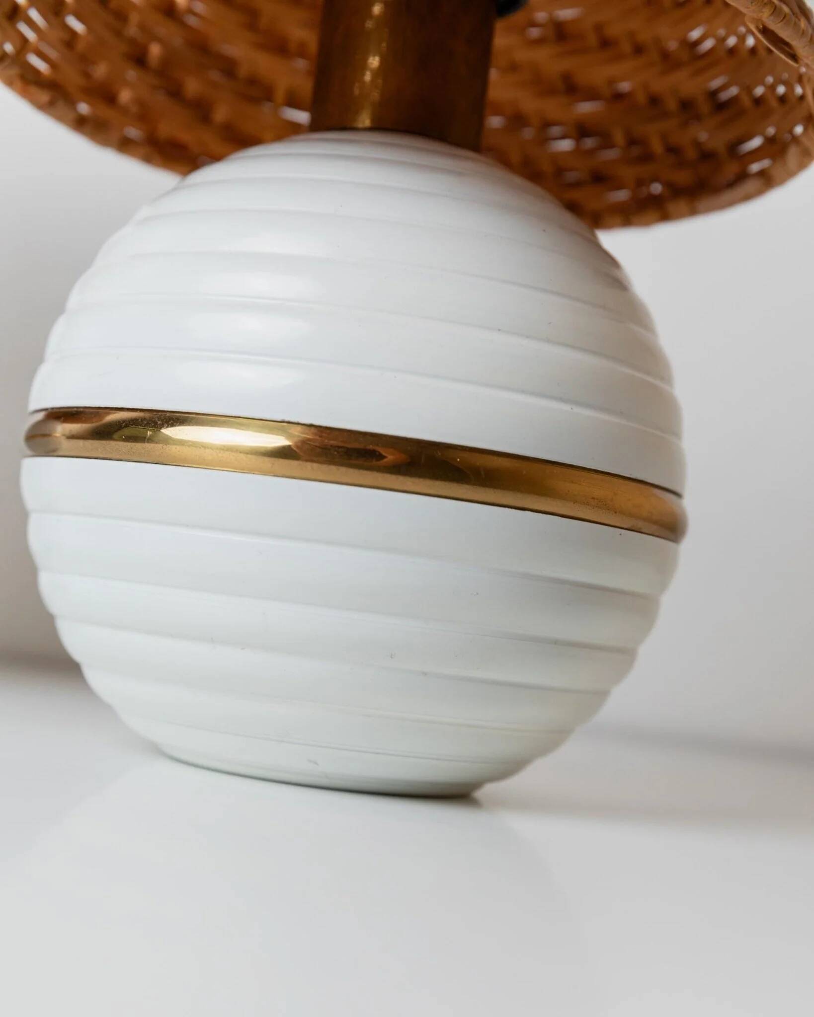 Pair of vintage table lamps – white metal with rattan shades, gold details, Italy 1980s
