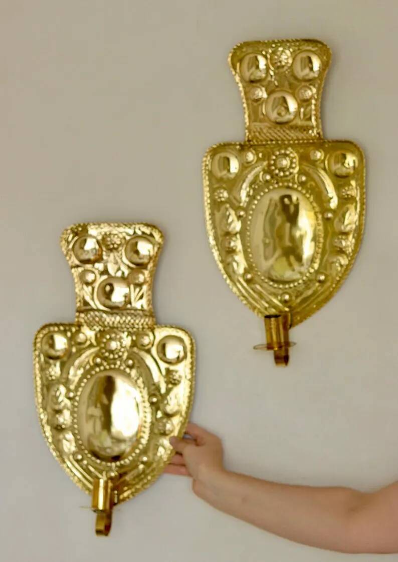 Large Baroque Style Mid-Century Brass Swedish Sconces