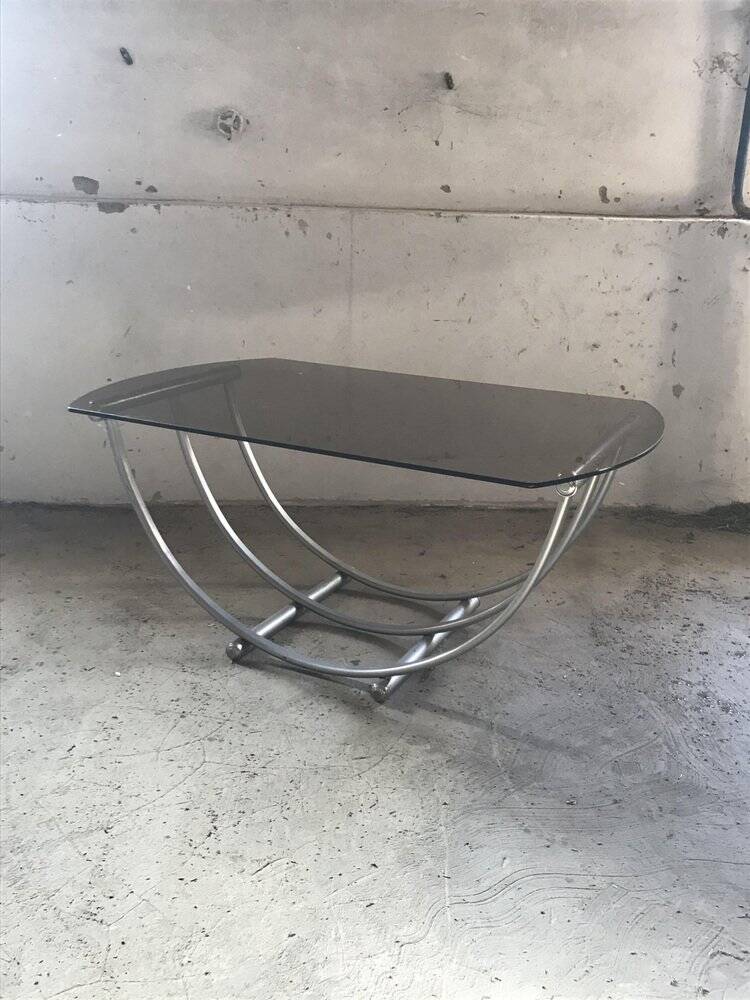 Bauhaus style coffee table in smoked glass and silver metal, Italy 1960s