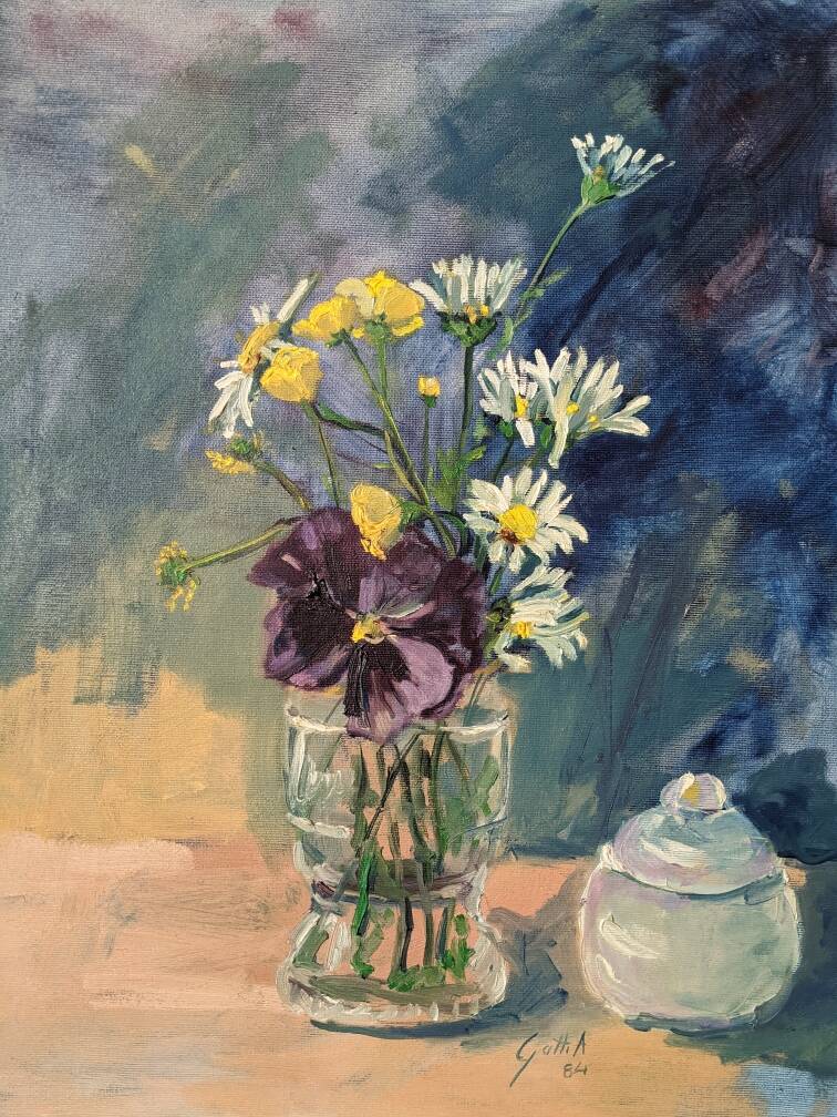 Acrylic on canvas contemporary painting bohemian countryside still life