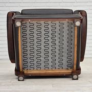1970s, Scandinavian armchair, brown furniture leather, teak wood legs.
