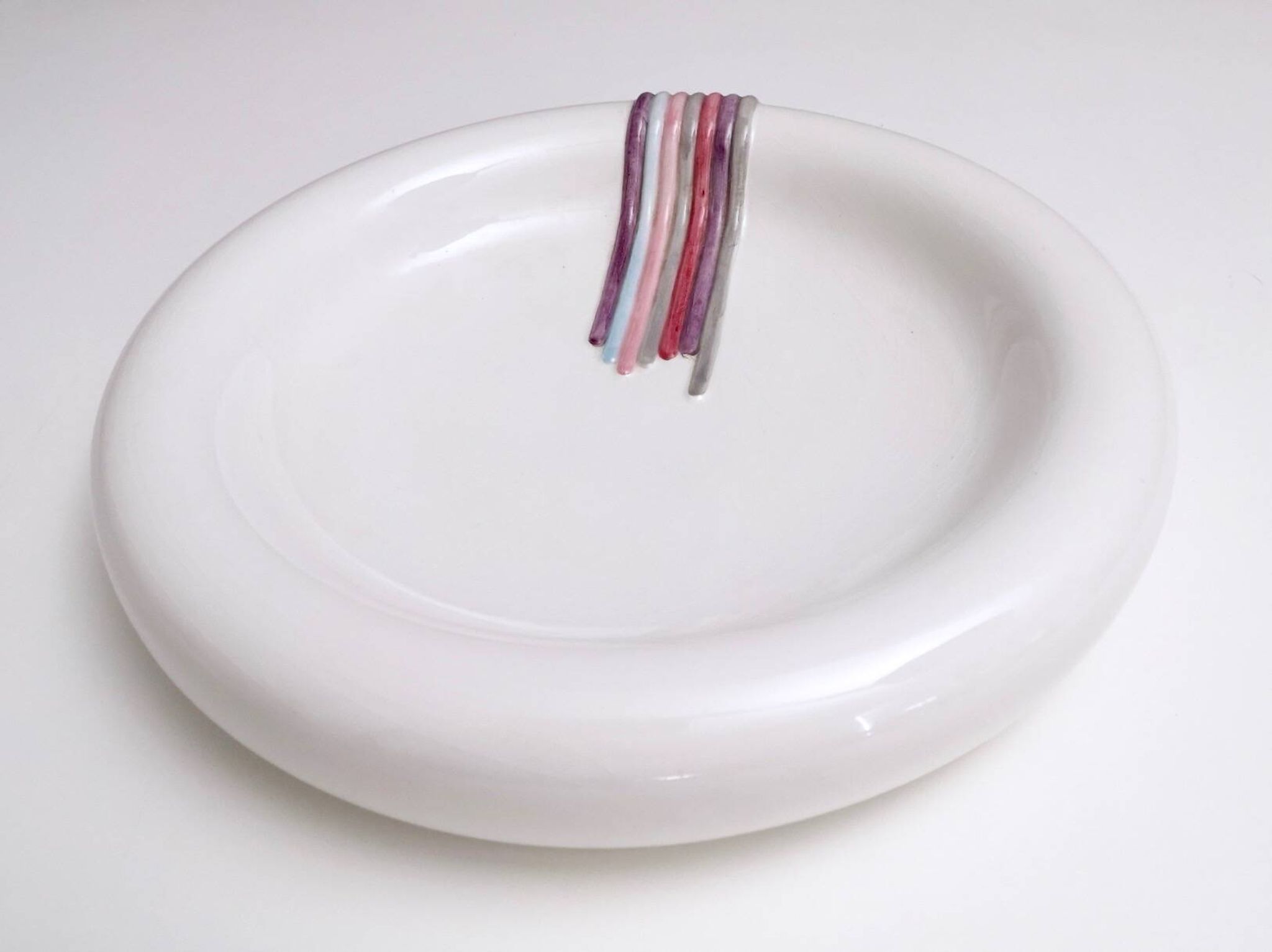 Round White Ceramic Catchall by Ambrogio Pozzi with Hand Painted Details, I