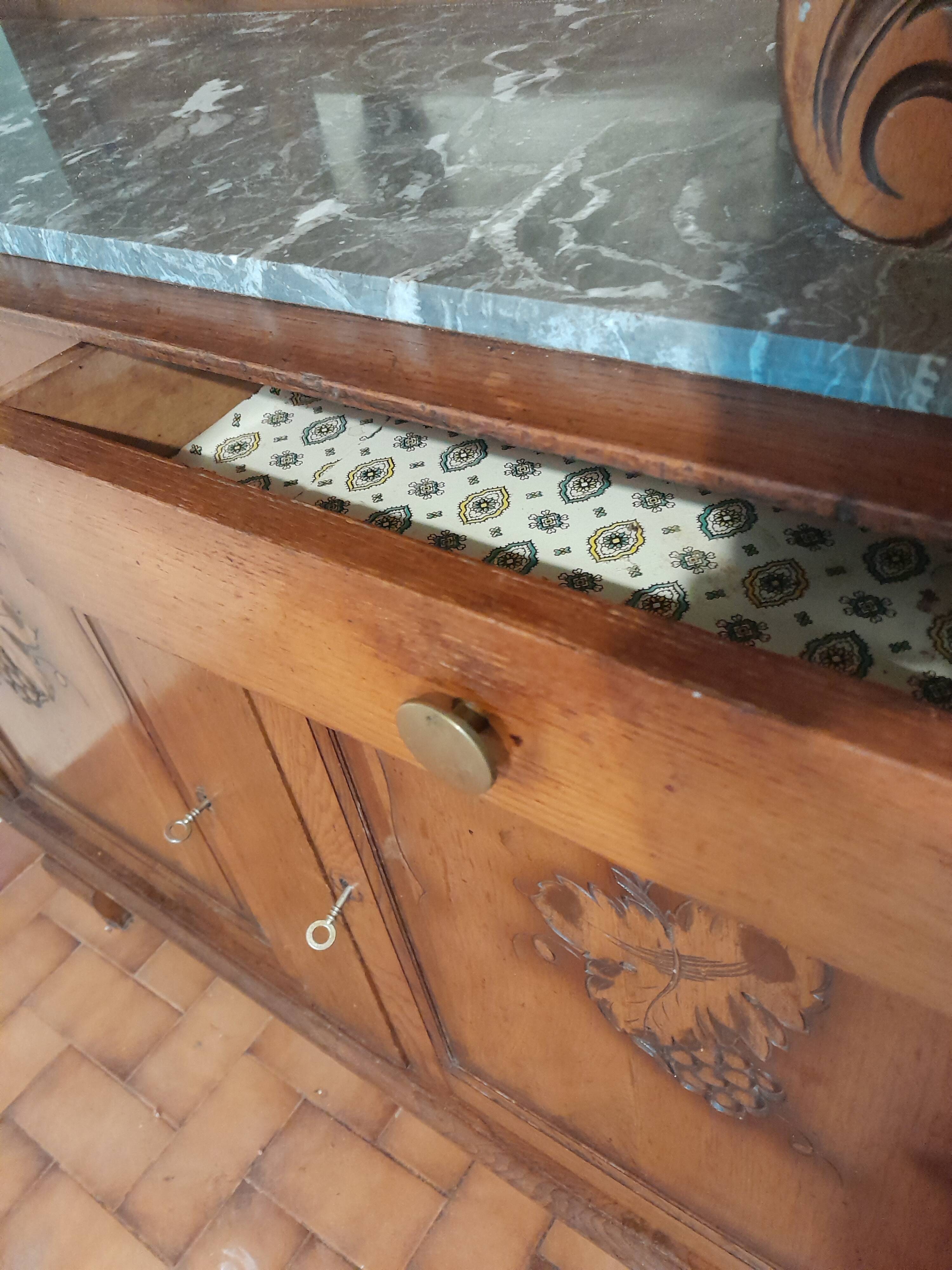 Antique two-body buffet in carved wood - marble top - very good condition