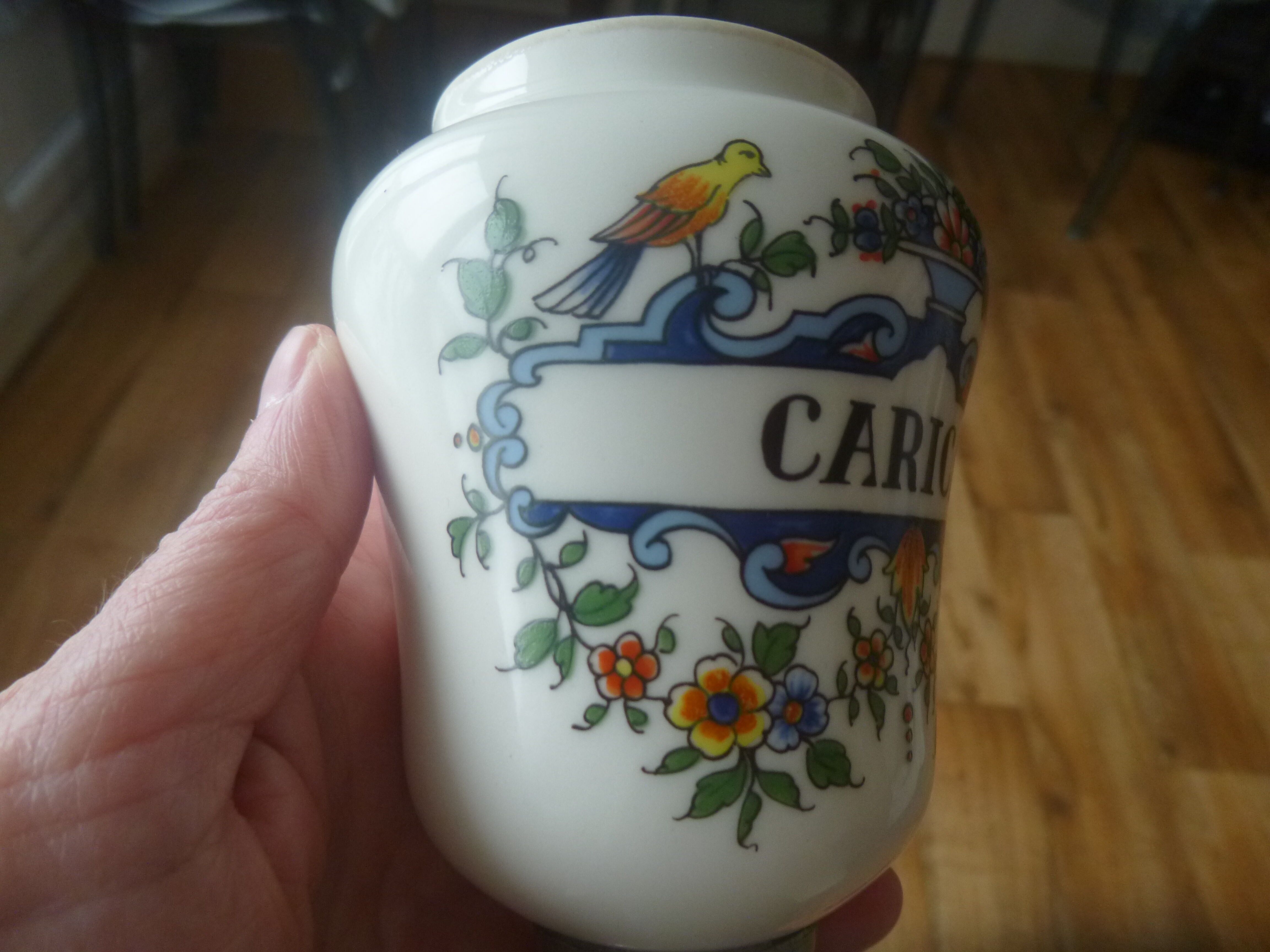 Old apothecary jar in pewter and porcelain