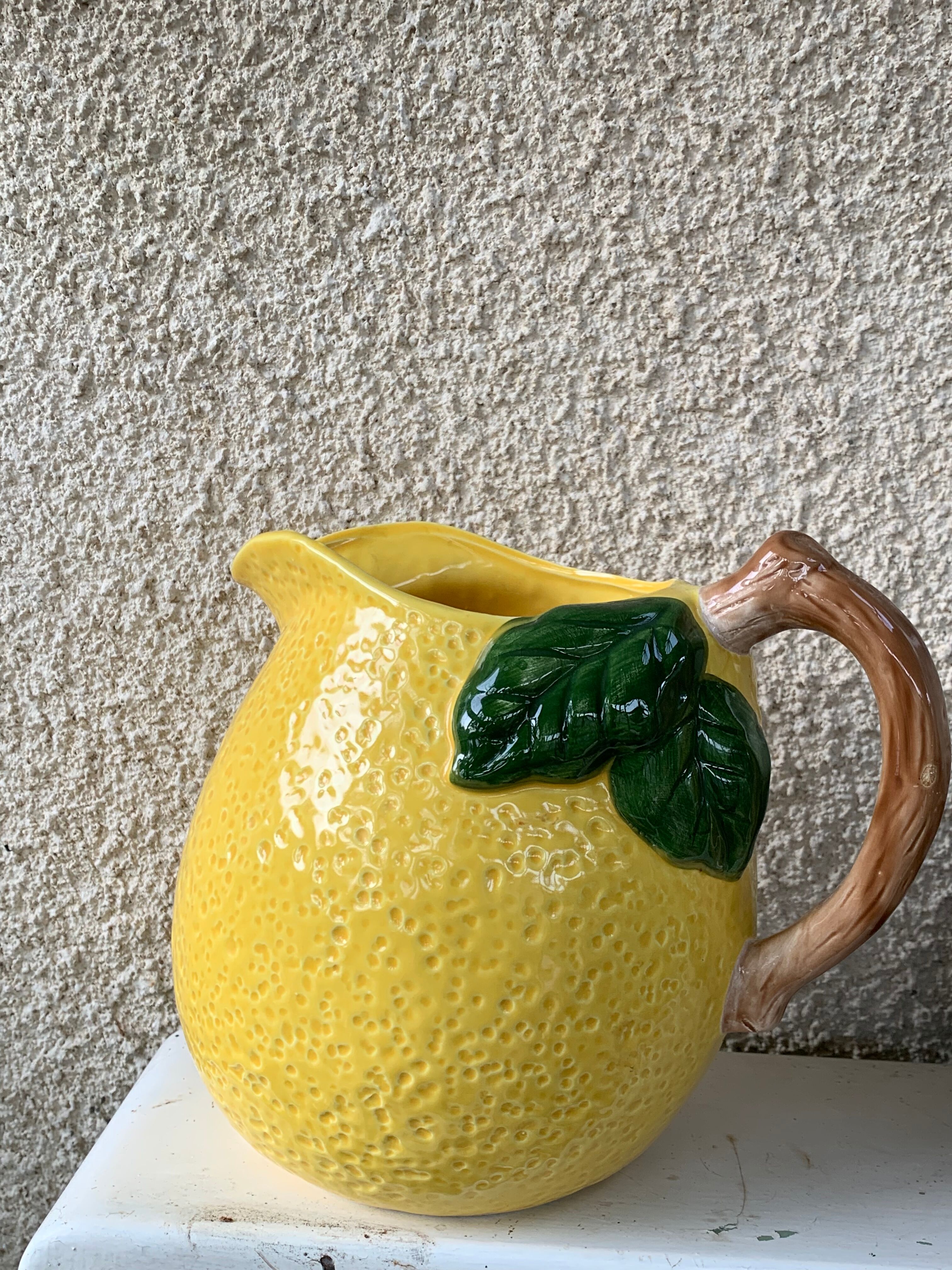 Lemon pitcher in ceramic slurry glazed yellow and green vintage