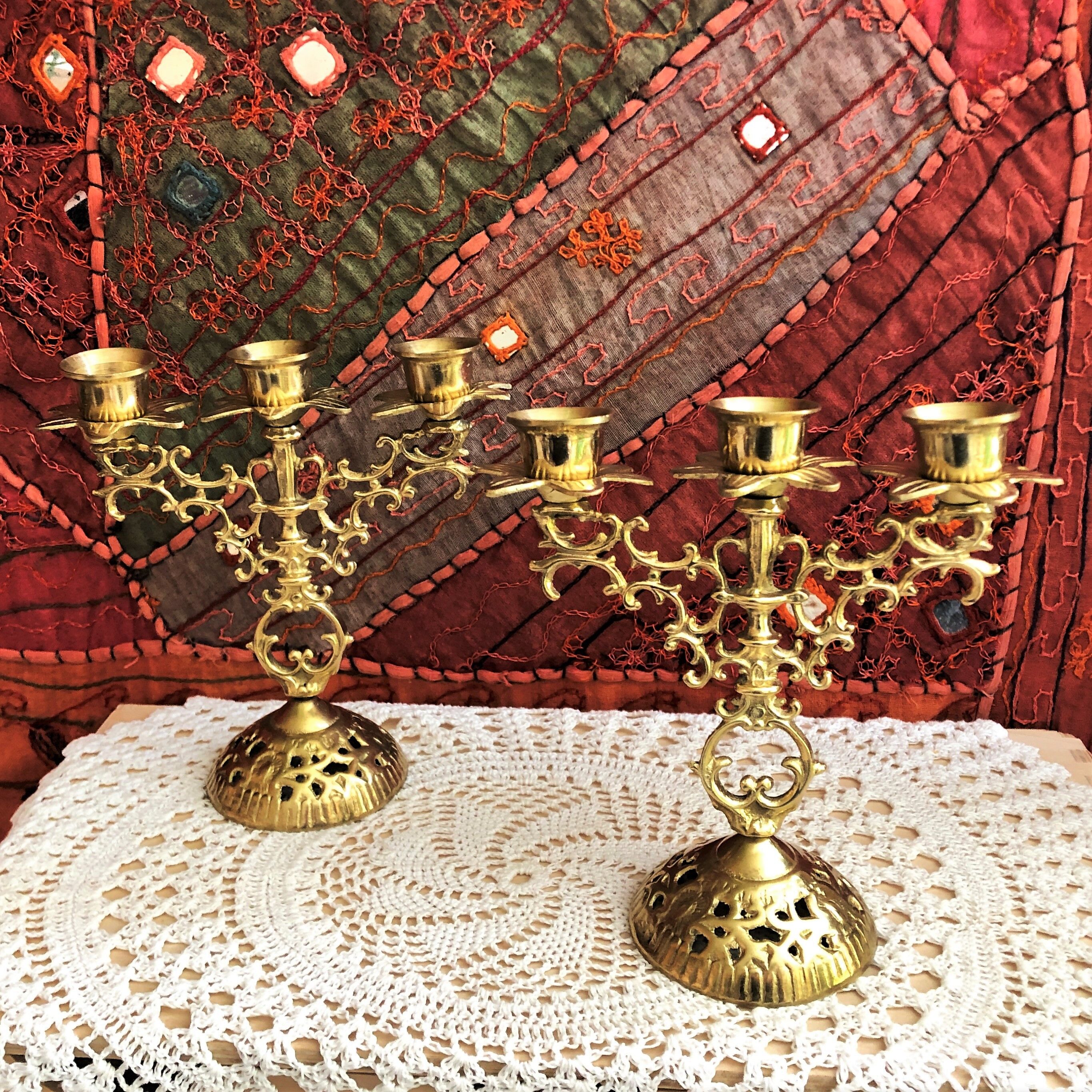 Pair of candlesticks 3 branches golden brass