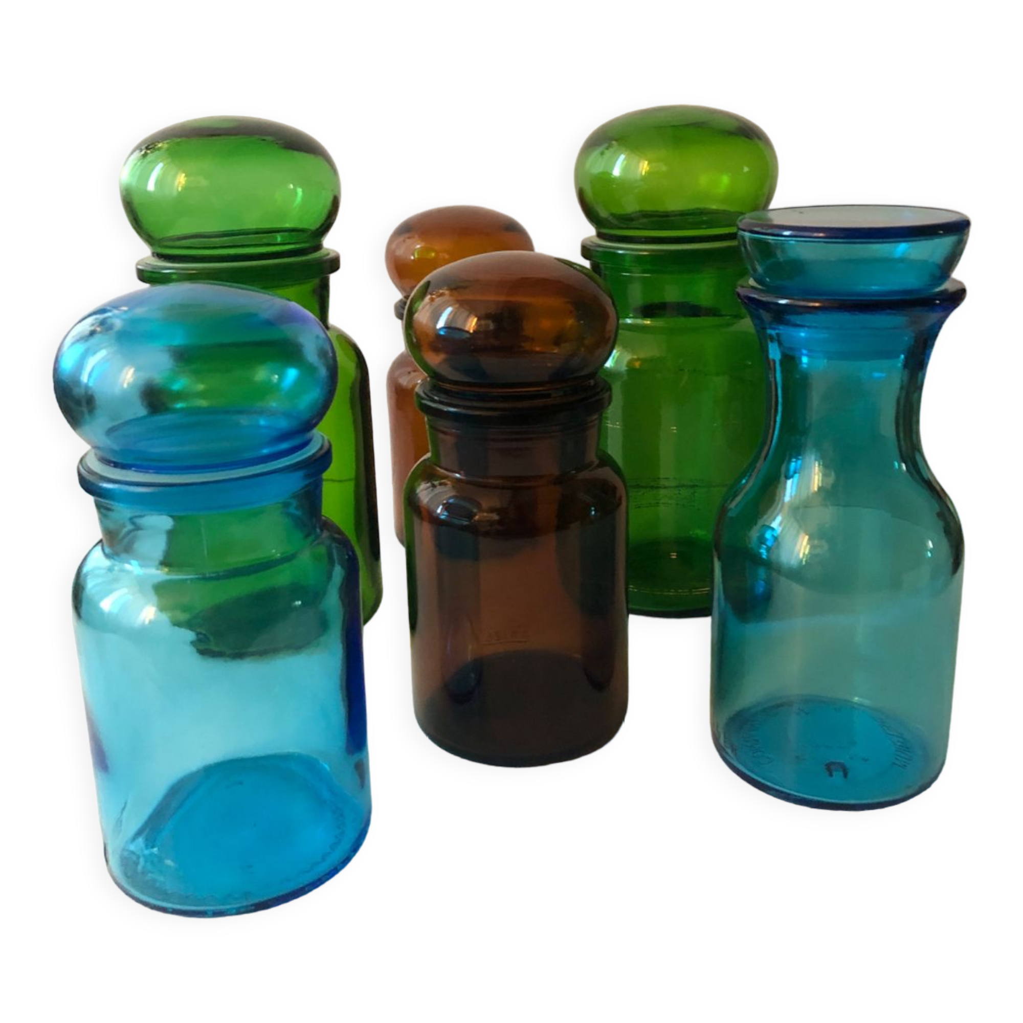 6 vintage colorful jars