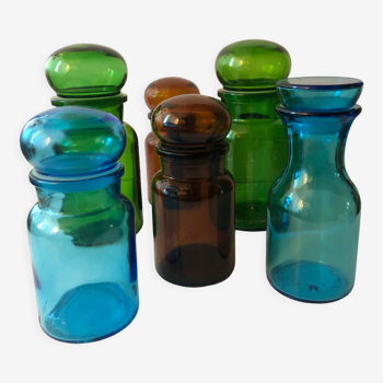 6 vintage colorful jars